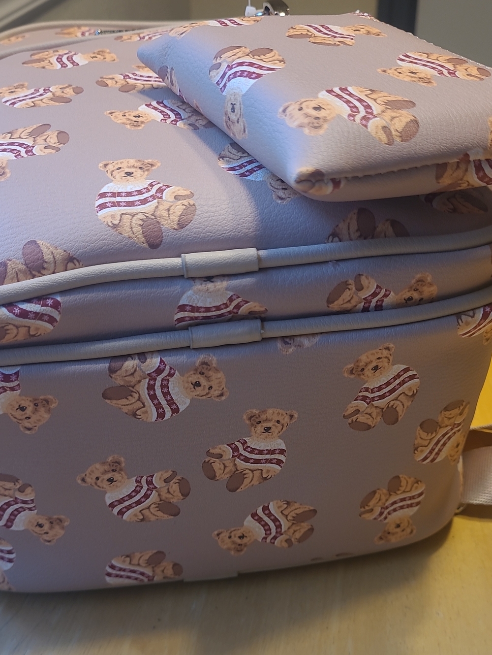 Madden Girl Mauve Teddy Print Khaki Mini Backpack with Coin Pouch - Picture 8 of 9